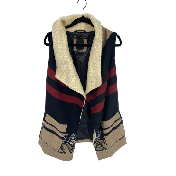 Me Jane Aztec western women L Vest Sherpa Collar Open Asymmetrical Wool Blend - Picture 1 of 3